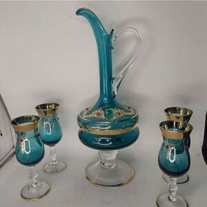 Vintage Italian Murano venetian‎ blue 24k gold 5 piece decanter set